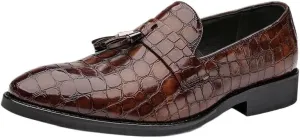 Men's Pointed Toe PU Leather Tassel Loafers - Block Pattern, Flat Heel, Lightweight Comfort for Wedding & Prom Slip-On Shoes