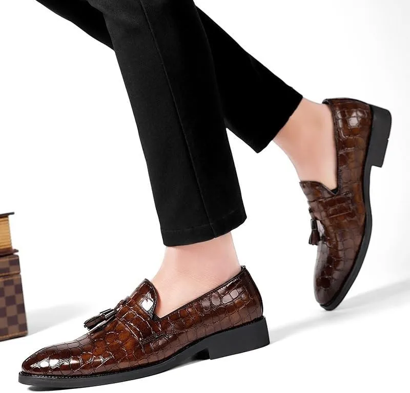 Men's Pointed Toe PU Leather Tassel Loafers - Block Pattern, Flat Heel, Lightweight Comfort for Wedding & Prom Slip-On Shoes