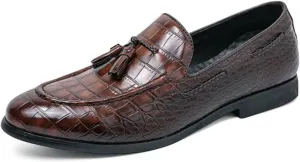 Mens Stone Grain Leather Tassel Slip On Dress Loafers Retro Low Heels Pointed Toe Penny Shoes for Formal Business Wedding Office