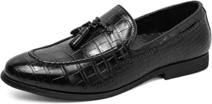 Mens Stone Grain Leather Tassel Slip On Dress Loafers Retro Low Heels Pointed Toe Penny Shoes for Formal Business Wedding Office