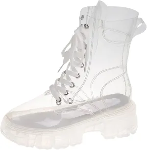 Platform Boots Women's Y2K Transparent Combat Boots Platform Thick Sole Booties Casual Outdoor Pull On Bootie