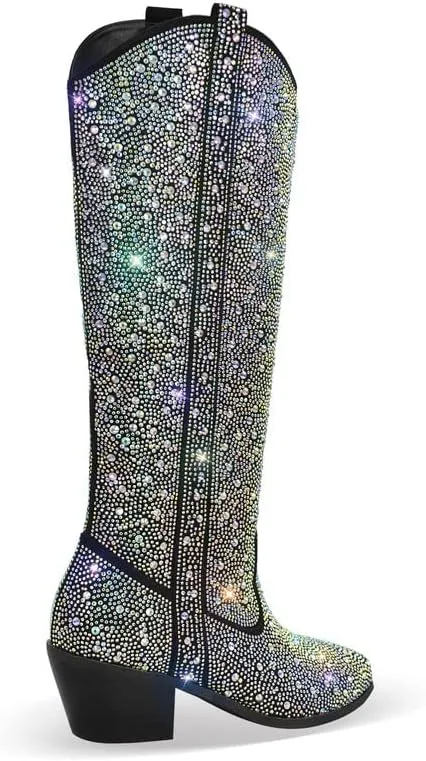 sexytag Rhinestone Boots for Women Knee High Chunky Low Heel Mid-calf Boots Pointed Toe Pull-On Ankle Booties