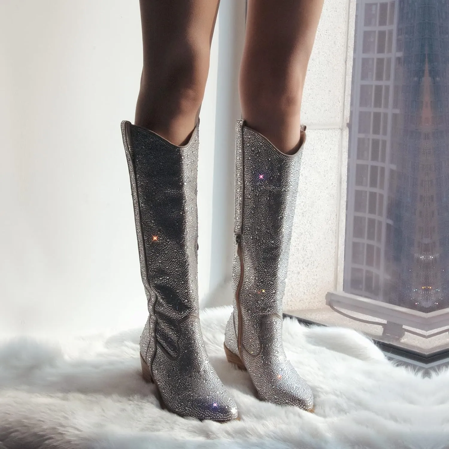 sexytag Rhinestone Boots for Women Knee High Chunky Low Heel Mid-calf Boots Pointed Toe Pull-On Ankle Booties