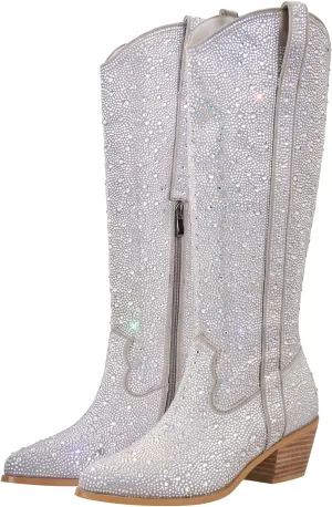 sexytag Rhinestone Boots for Women Knee High Chunky Low Heel Mid-calf Boots Pointed Toe Pull-On Ankle Booties