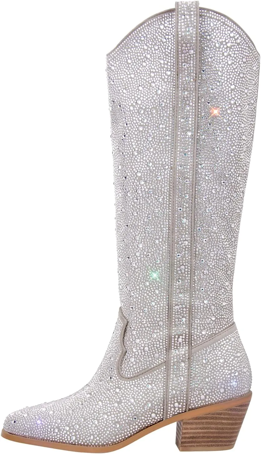 sexytag Rhinestone Boots for Women Knee High Chunky Low Heel Mid-calf Boots Pointed Toe Pull-On Ankle Booties