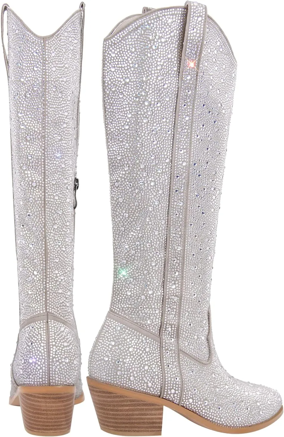 sexytag Rhinestone Boots for Women Knee High Chunky Low Heel Mid-calf Boots Pointed Toe Pull-On Ankle Booties