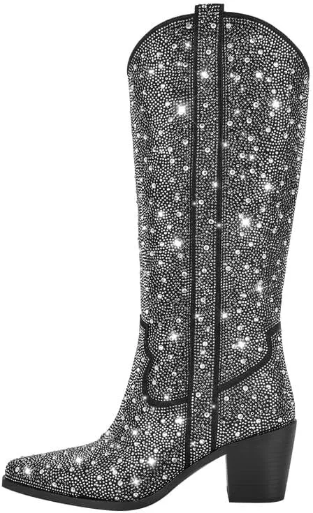 sexytag Rhinestone Boots for Women Knee High Chunky Low Heel Mid-calf Boots Pointed Toe Pull-On Ankle Booties