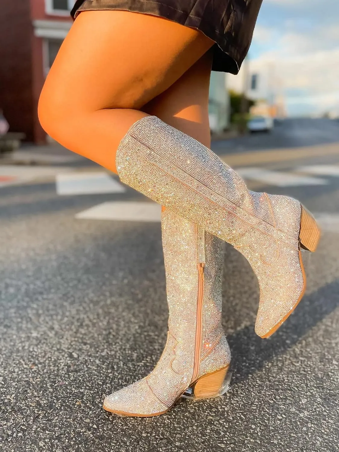 sexytag Rhinestone Boots for Women Knee High Chunky Low Heel Mid-calf Boots Pointed Toe Pull-On Ankle Booties
