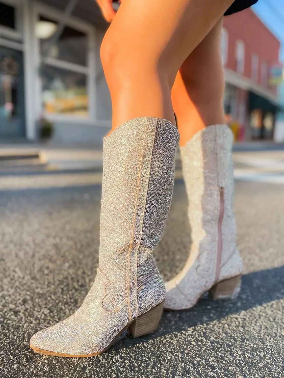sexytag Rhinestone Boots for Women Knee High Chunky Low Heel Mid-calf Boots Pointed Toe Pull-On Ankle Booties