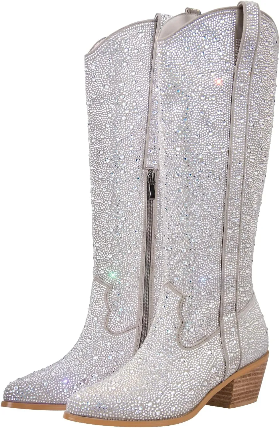 sexytag Rhinestone Boots for Women Knee High Chunky Low Heel Mid-calf Boots Pointed Toe Pull-On Ankle Booties