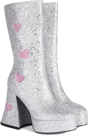 Shiny Mid Calf Boots,Pink Heart Shaped Decoration,Comfortable Thick Soled High Heeled Women's Boots