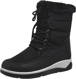 Winter Boots for Women Warm Fur Lined Waterproof Outdoor Mid Calf Fur Cuff Snow Boots Lace Up Anti Slip