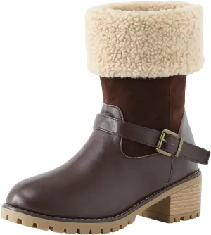 Winter Boots for Women Warm Sherpa Fur Lined Mid Calf Snow Boots Chunky Block Heel Lug Sole Anti Slip Winter Boots