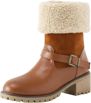 Winter Boots for Women Warm Sherpa Fur Lined Mid Calf Snow Boots Chunky Block Heel Lug Sole Anti Slip Winter Boots