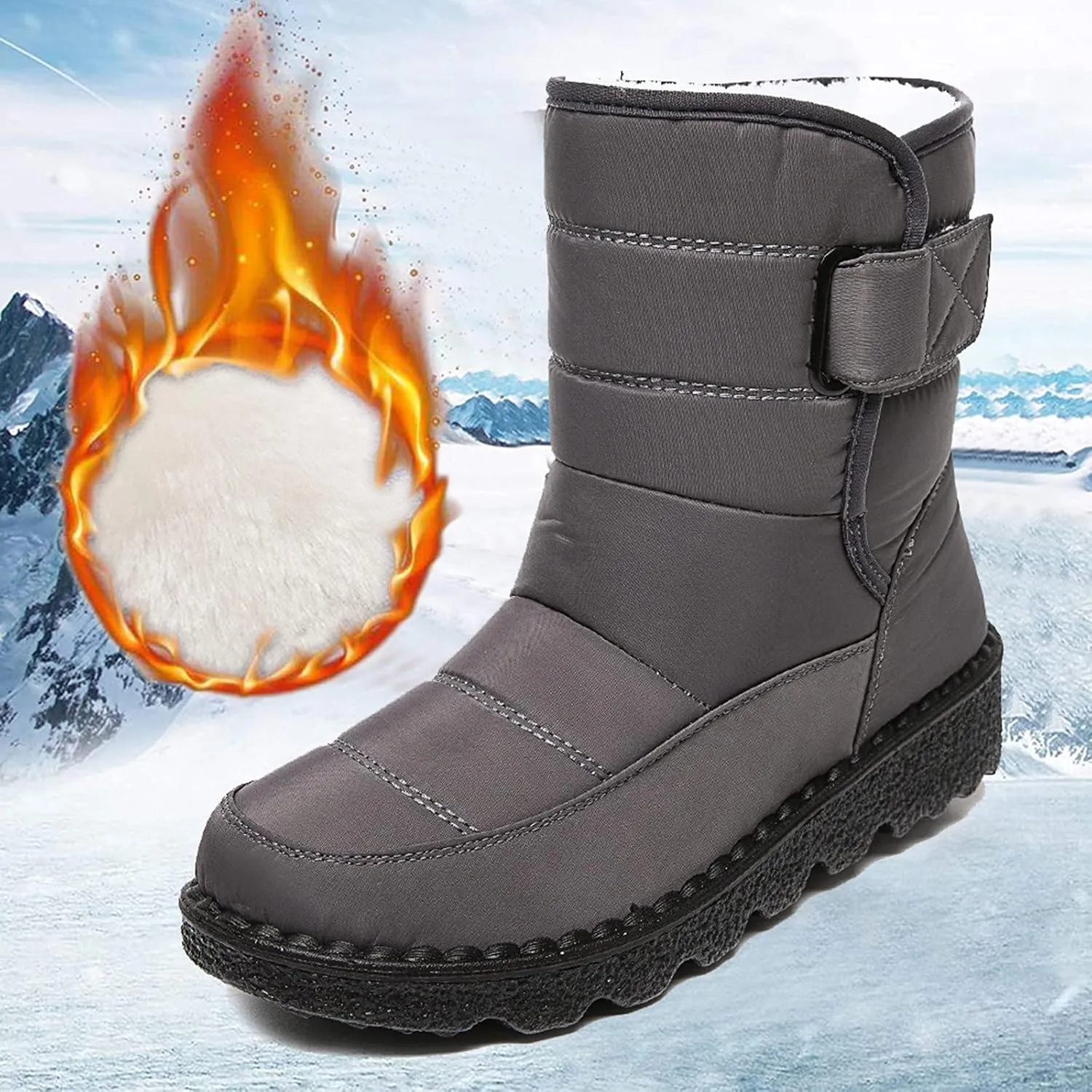 Winter Boots for Women Waterproof Warm Fur Lining Mid Calf Boots Hook Loop Comfortable Outdoor Shoes