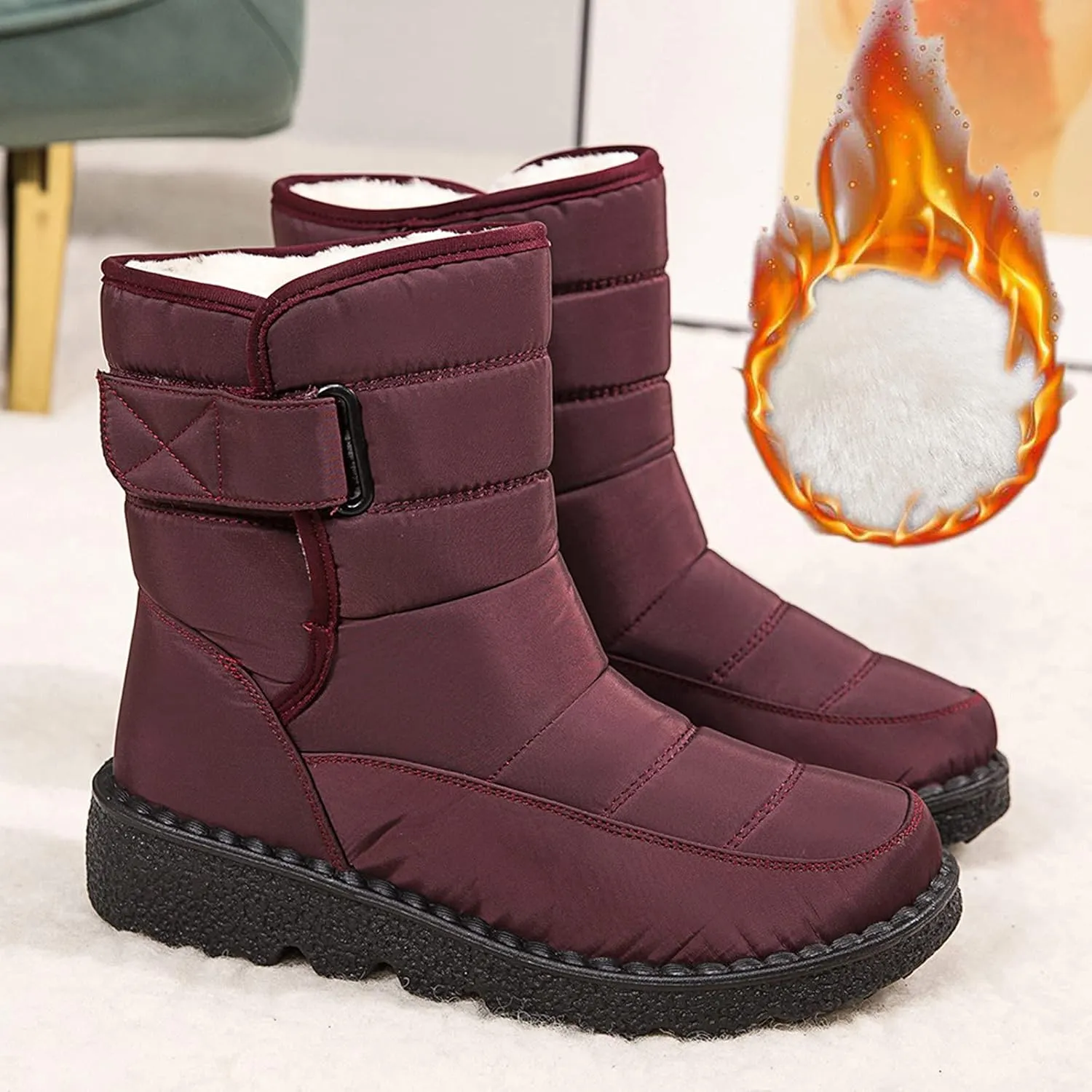 Winter Boots for Women Waterproof Warm Fur Lining Mid Calf Boots Hook Loop Comfortable Outdoor Shoes