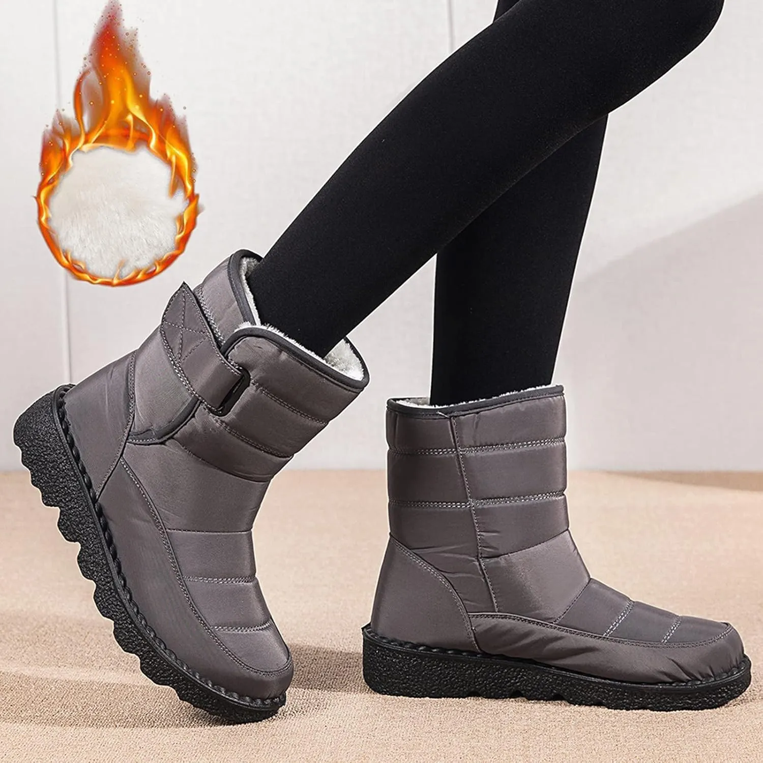 Winter Boots for Women Waterproof Warm Fur Lining Mid Calf Boots Hook Loop Comfortable Outdoor Shoes