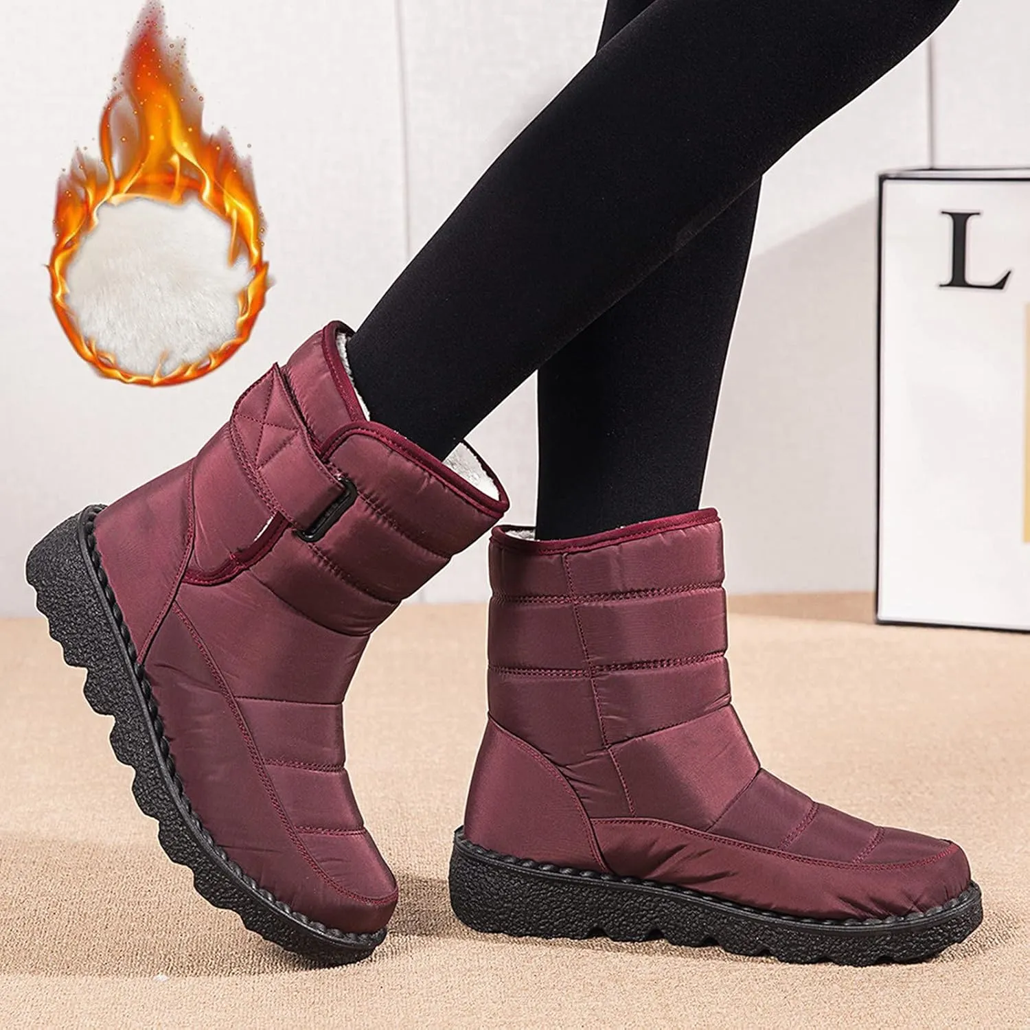 Winter Boots for Women Waterproof Warm Fur Lining Mid Calf Boots Hook Loop Comfortable Outdoor Shoes