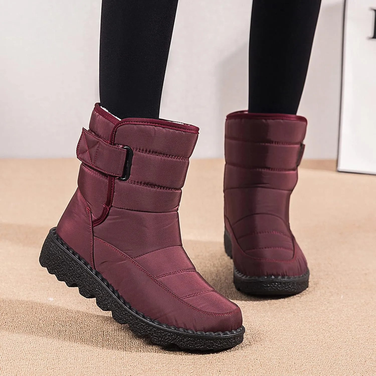 Winter Boots for Women Waterproof Warm Fur Lining Mid Calf Boots Hook Loop Comfortable Outdoor Shoes