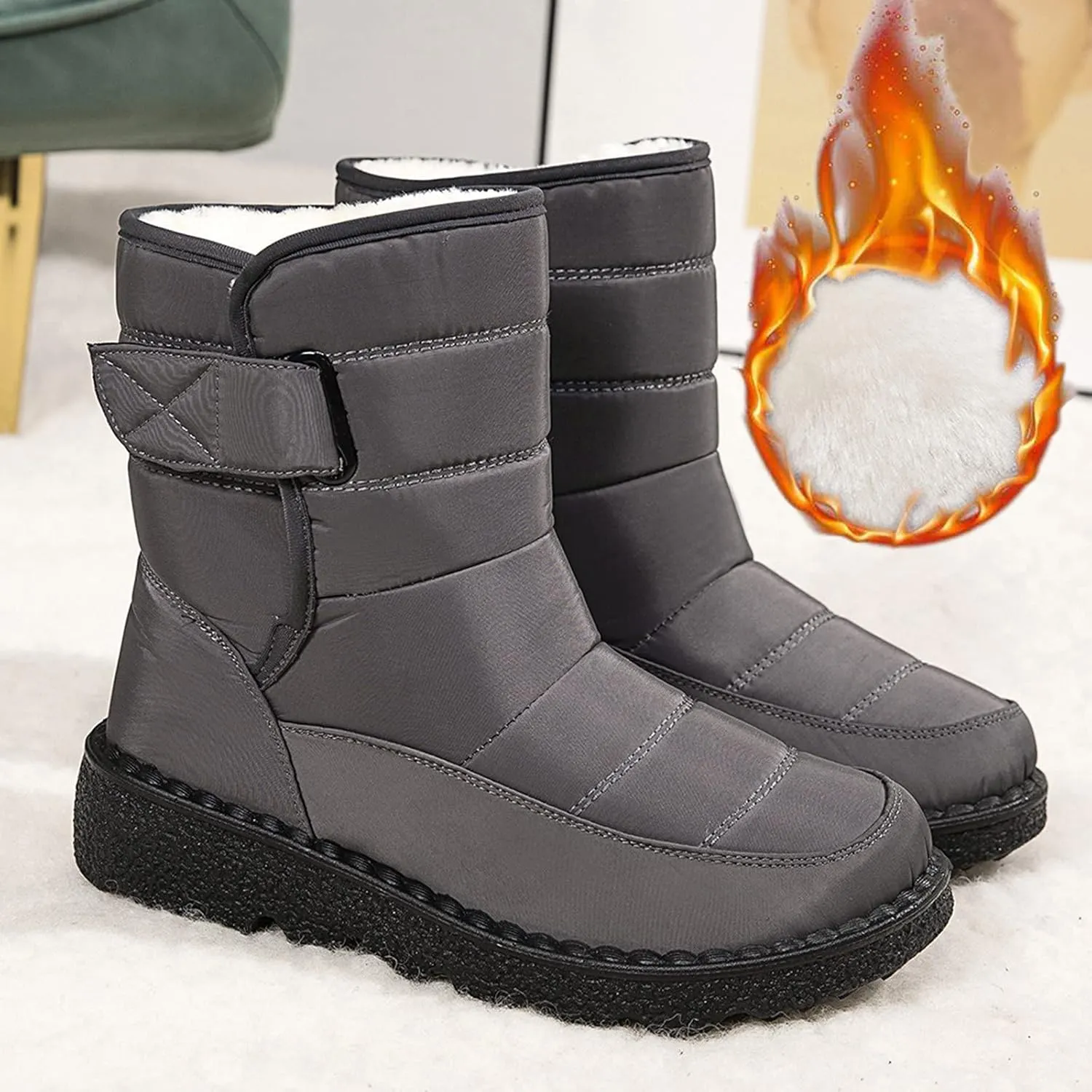 Winter Boots for Women Waterproof Warm Fur Lining Mid Calf Boots Hook Loop Comfortable Outdoor Shoes