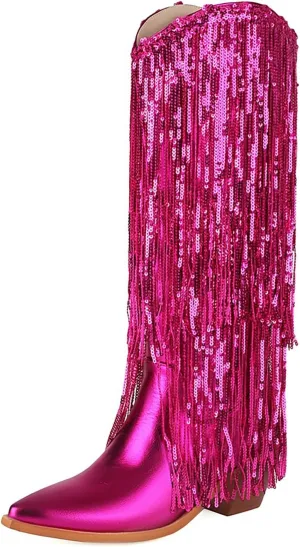 Women's Sequin Fringed Knee High Boots,Classic Pointed Toe Sparkle Glitter Chunky Heel Dance Western Cowgirl Boots Anti-slip Stacked Heels Long Boot Wedding Bridal Shoes