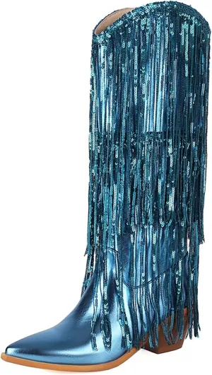 Women's Sequin Fringed Knee High Boots,Classic Pointed Toe Sparkle Glitter Chunky Heel Dance Western Cowgirl Boots Anti-slip Stacked Heels Long Boot Wedding Bridal Shoes