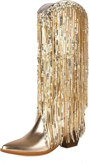 Women's Sequin Fringed Knee High Boots,Classic Pointed Toe Sparkle Glitter Chunky Heel Dance Western Cowgirl Boots Anti-slip Stacked Heels Long Boot Wedding Bridal Shoes