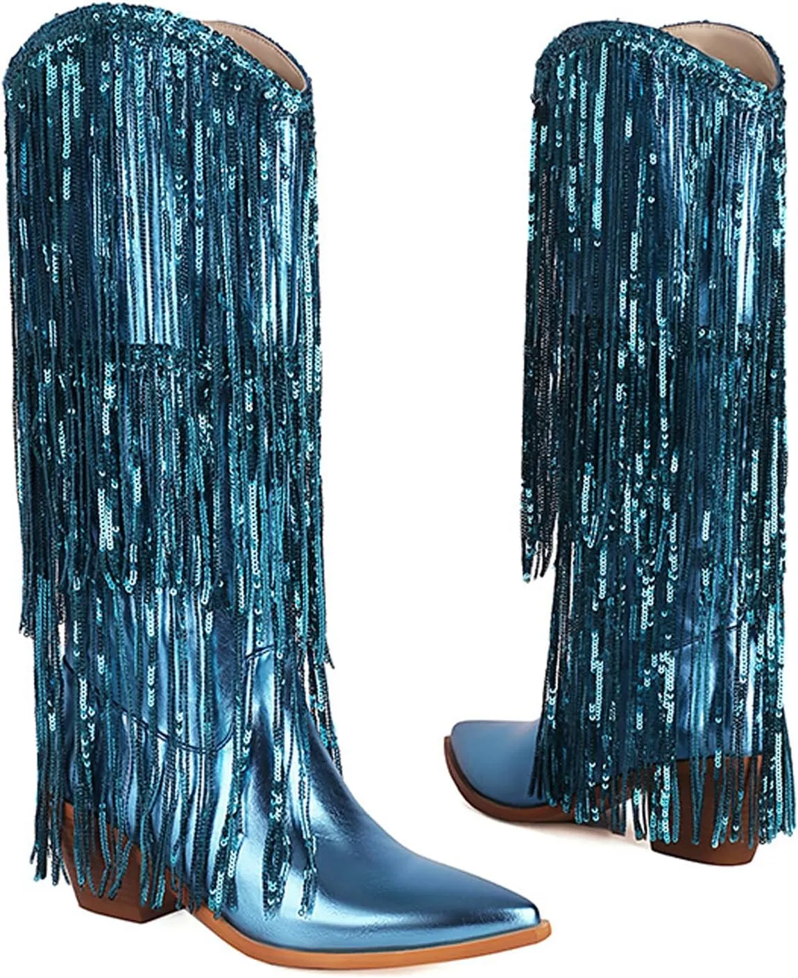 Women's Sequin Fringed Knee High Boots,Classic Pointed Toe Sparkle Glitter Chunky Heel Dance Western Cowgirl Boots Anti-slip Stacked Heels Long Boot Wedding Bridal Shoes