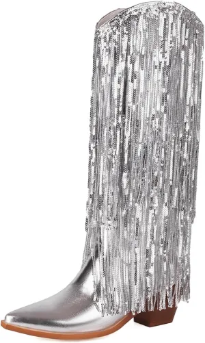 Women's Sequin Fringed Knee High Boots,Classic Pointed Toe Sparkle Glitter Chunky Heel Dance Western Cowgirl Boots Anti-slip Stacked Heels Long Boot Wedding Bridal Shoes