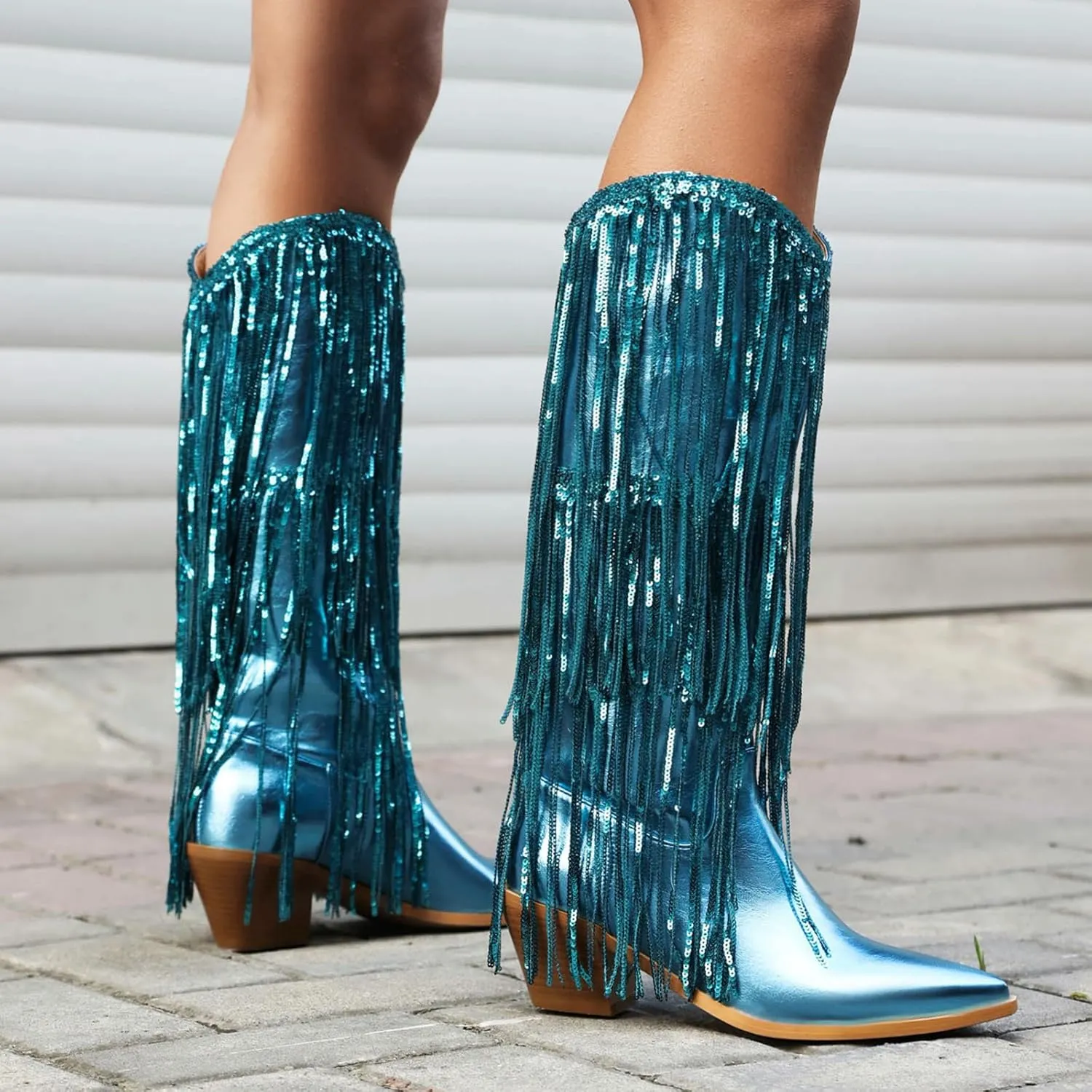 Women's Sequin Fringed Knee High Boots,Classic Pointed Toe Sparkle Glitter Chunky Heel Dance Western Cowgirl Boots Anti-slip Stacked Heels Long Boot Wedding Bridal Shoes