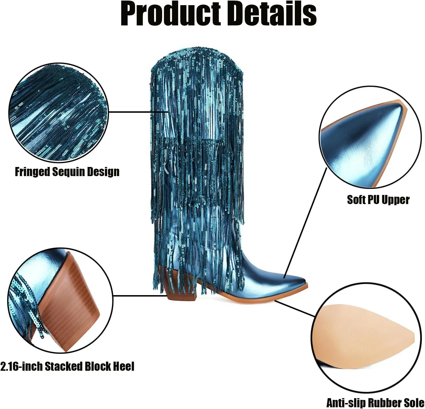 Women's Sequin Fringed Knee High Boots,Classic Pointed Toe Sparkle Glitter Chunky Heel Dance Western Cowgirl Boots Anti-slip Stacked Heels Long Boot Wedding Bridal Shoes