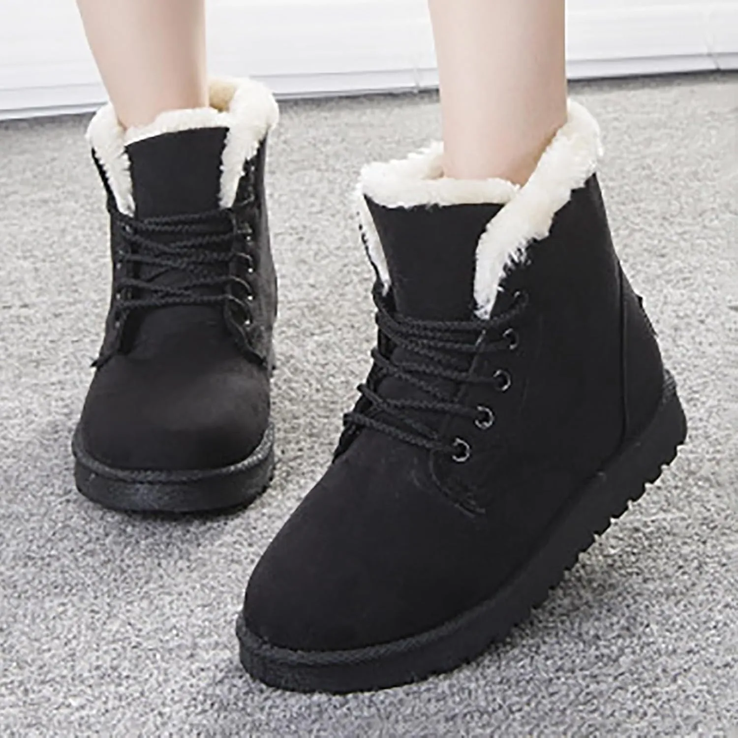 Womens Winter Snow Boots Cotton Warm Fur Snow Winter Lace Up Flat Cute Comfortable Ankle Platform Boots