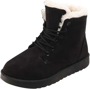 Womens Winter Snow Boots Cotton Warm Fur Snow Winter Lace Up Flat Cute Comfortable Ankle Platform Boots