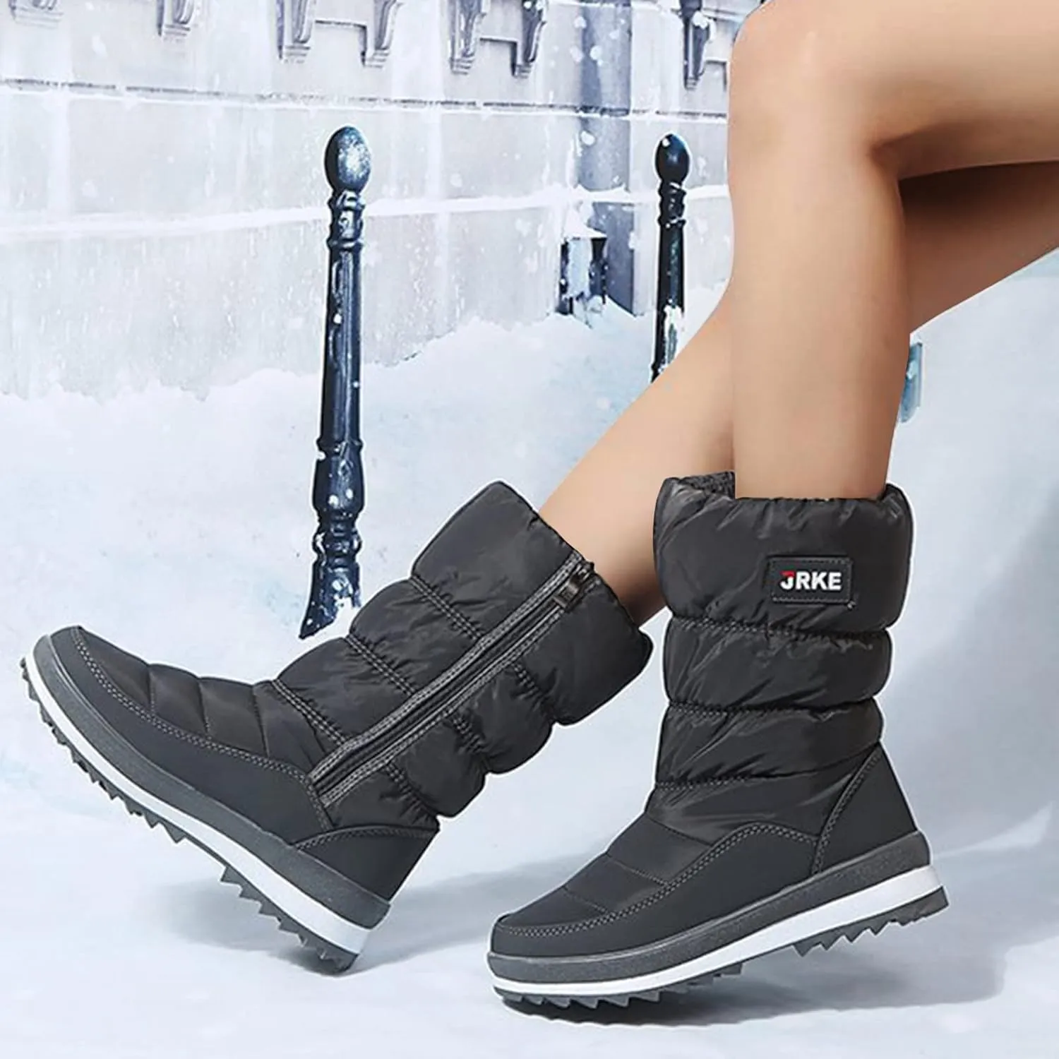 Womens Winter Snow Boots Puffy Winter Snow Waterproof Ankle Booties Anti Slip Mid Calf Snow Booties with Side Zip