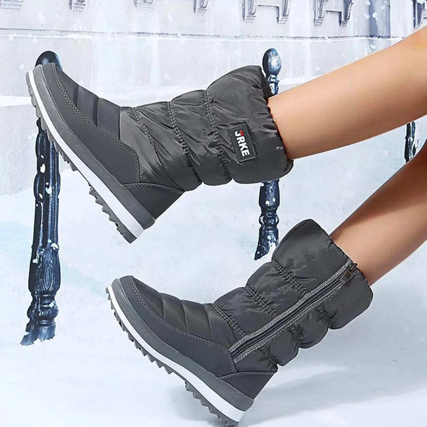 Womens Winter Snow Boots Puffy Winter Snow Waterproof Ankle Booties Anti Slip Mid Calf Snow Booties with Side Zip